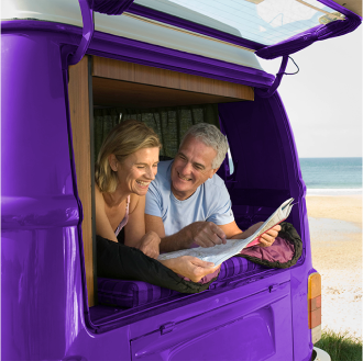 Couple relaxing on a road trip after purchasing an indexed annuity for balanced growth and protection.